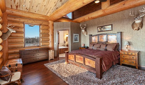 Log Home Bedroom Open Ceiling