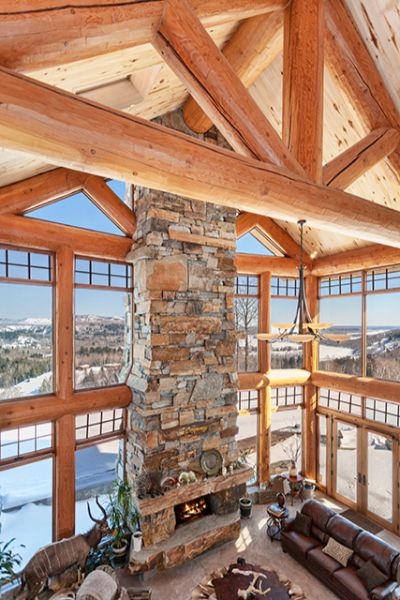 Log Cabin Great Room Stone Fireplace