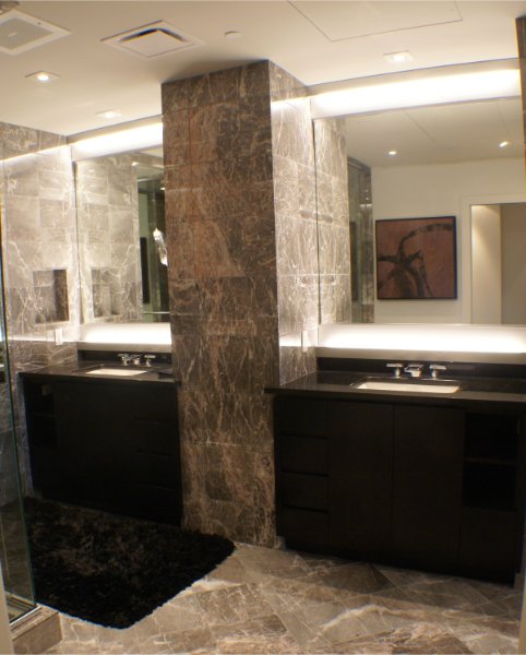 Beautiful Stone Walls Bathroom With Split Vanities