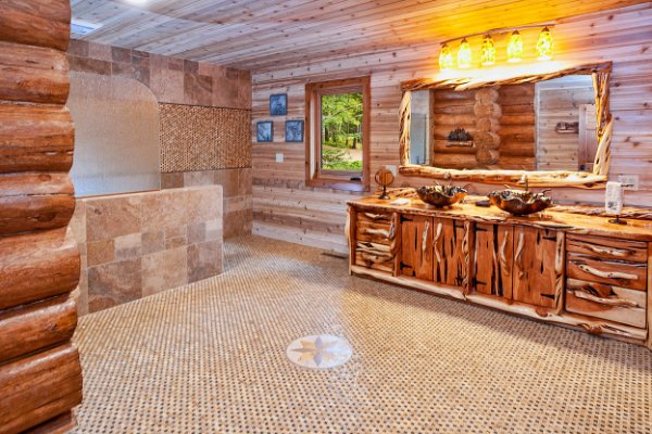 Huge Open Bathroom Custom Wood Vanity Log Home