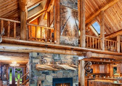Stone Fireplace Tall Log Cabin
